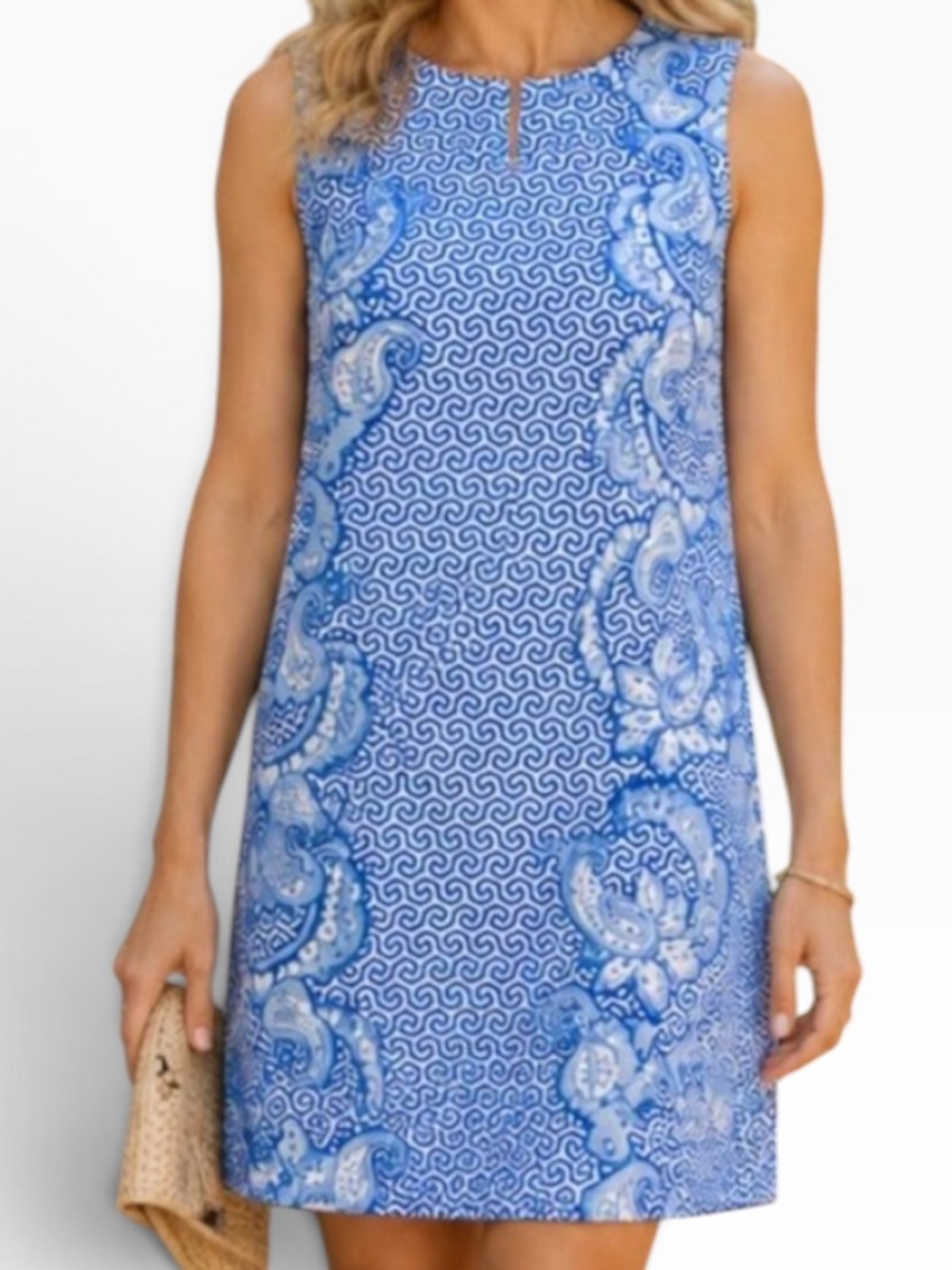 J. McLaughlin Blue/White Mixed Pattern Scroll Paisley "Sophia" Sheath Dress S